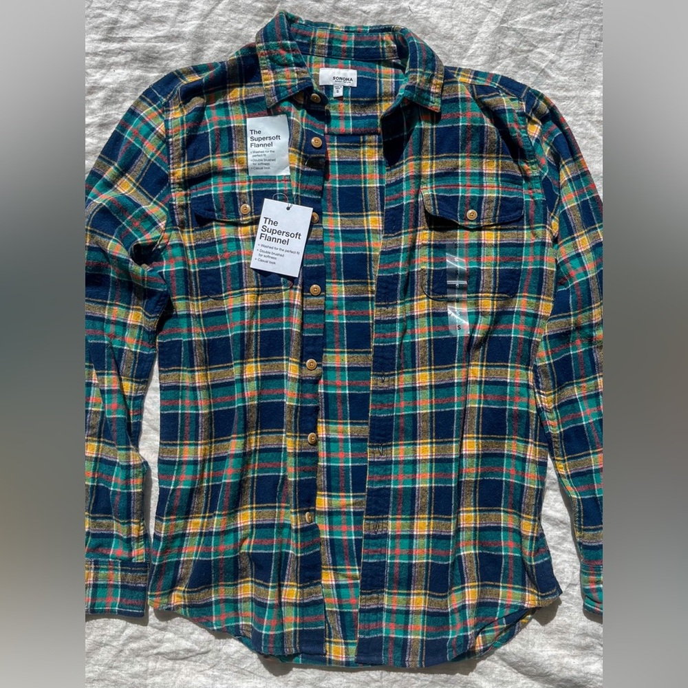 NEW NWT - The Super Soft Flannel Sonoma - Navy, Green, Yellow - Cozy Fall Small